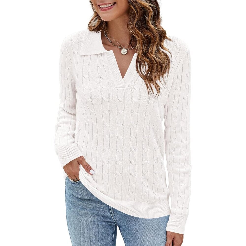 Womens V Neck Cable Knit Sweater Long Sleeve Fall Casual Soft Jumper
